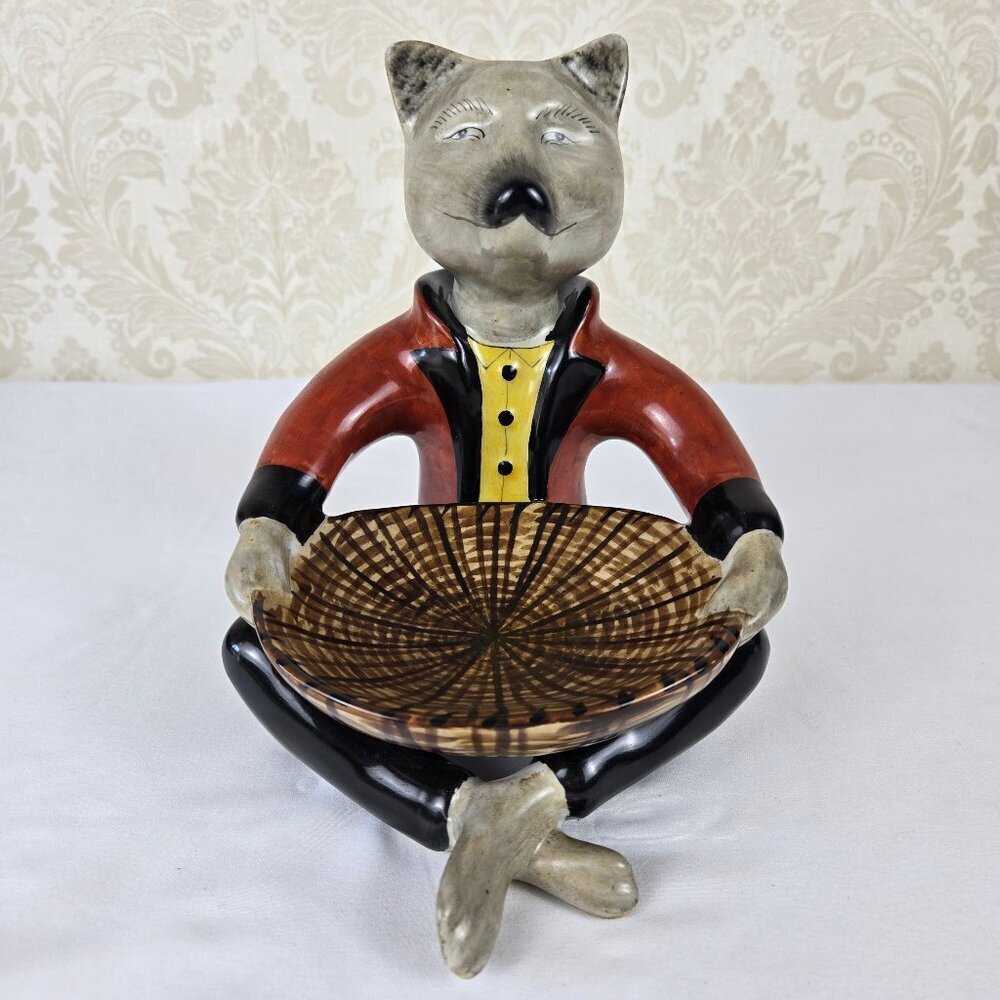 Vintage Fancy Fox Butler Holding Bowl Ceramic Candy Dish Key Holder Figurine
